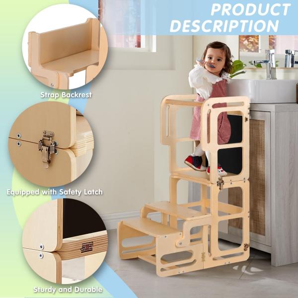 Montessori Foldable Learning Wooden Tower Adjustable Kitchen Step Stool for Toddlers