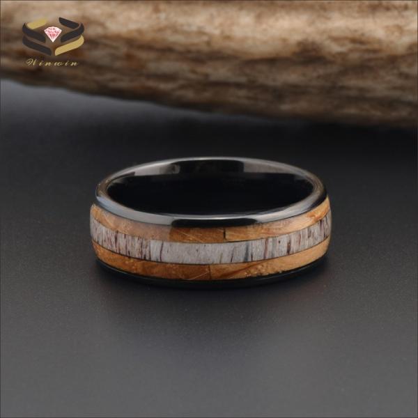 Unisex 8mm Black Tungsten Wedding Ring with Whiskey Barrel Wood Deer Antler Inlay Comfort Fit Sample Making