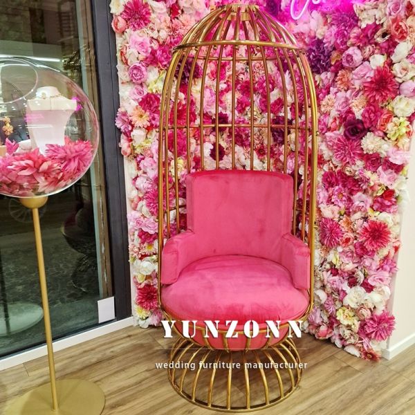 King Gold Throne Chair with Fancy Leather Bird Cage Shape Cushion Stainless Steel for Hotel or Living Room Event Furniture