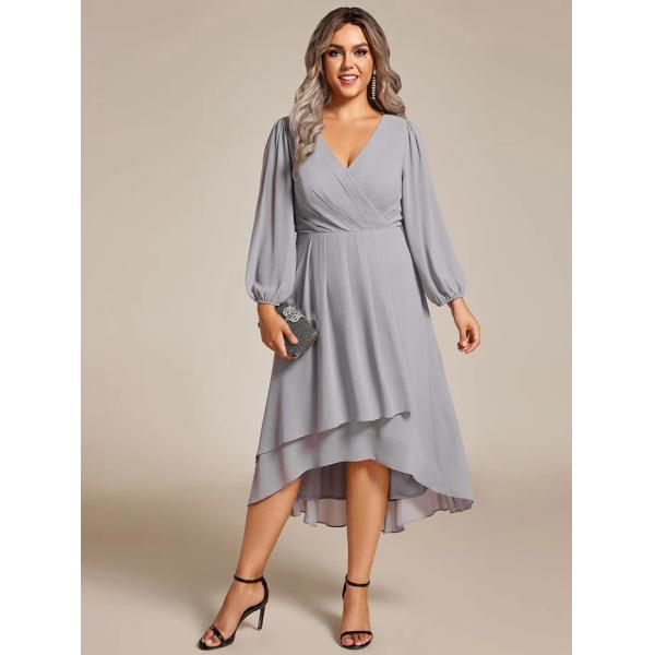 Plus Size Ruffled A-line Long Sleeve V-neck High Low Wedding Guest Navy Blue Chiffon Bridesmaid Dress