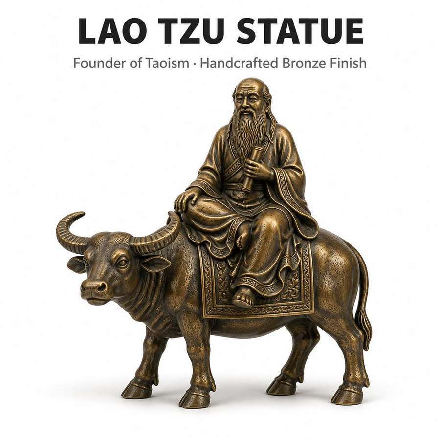 Lao Tzu Statue Riding Buffalo Bronze Finish - Taoism Founder Figurine Feng Shui Decor for Home Office Altar, Handcrafted Philosopher Sculpture 8 inch