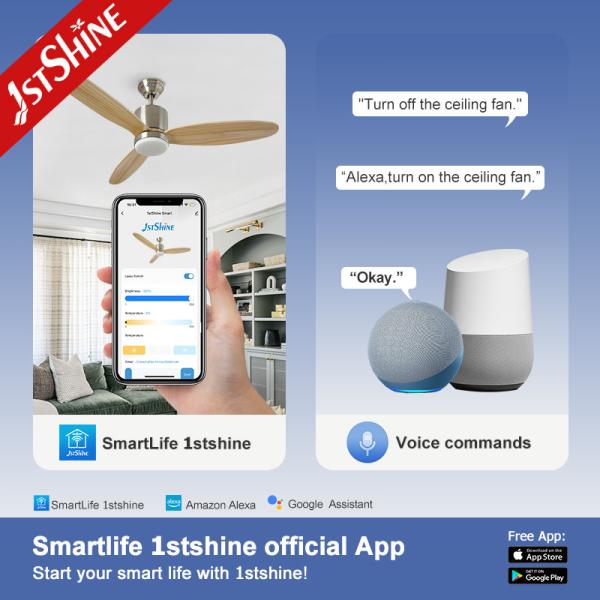 Dimmable LED 52 Inches Solid Wood Ceiling Fan Light With Smart App Control
