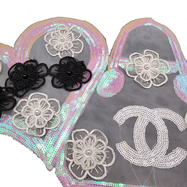 Brand Logo Sequin Embroidery Patches Washable With White / Black Flower