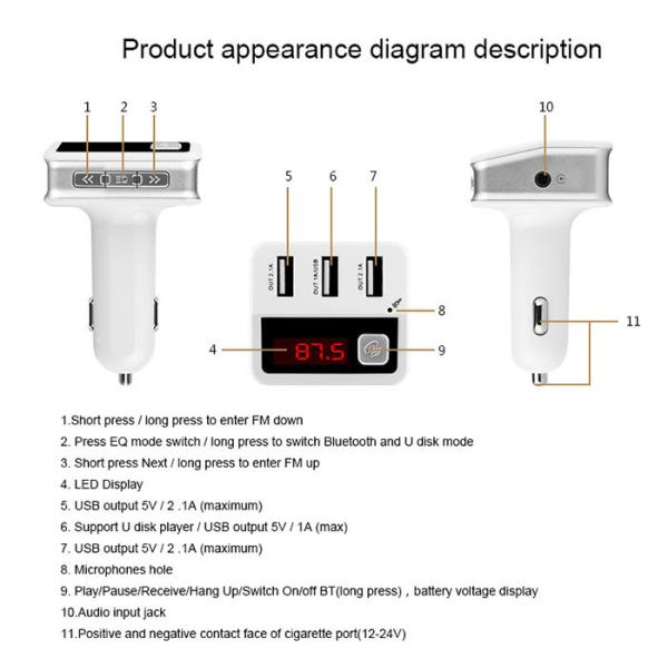 3 Usb Port Bluetooth Car Charger Automatic Power - Off Memory With FM Radio