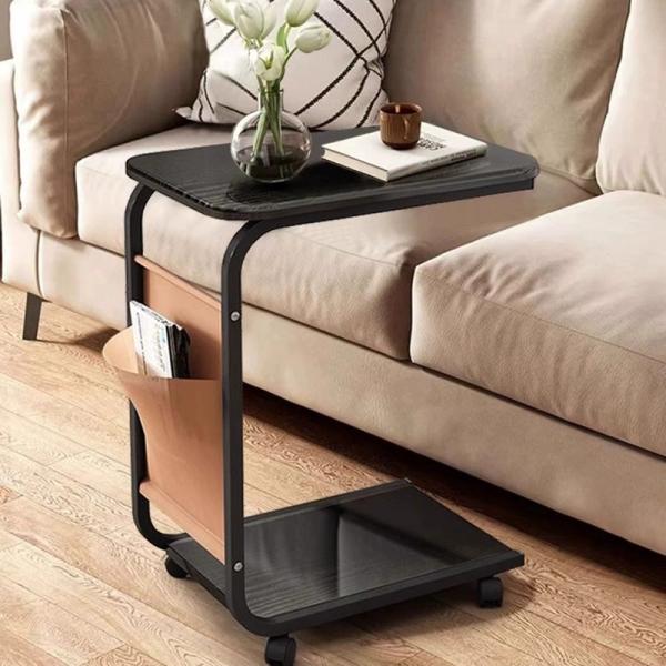 Space-Saving Living Room Furniture Corner Coffee Bedside Table with Wheels C Shape 2 Tiers End Rolling Storage Rack Shelf