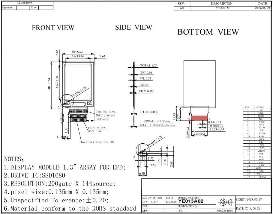 1.3 Inch E-paper Display 144×200 Resolution 24pin Low Power Consumption 3-Color E-Ink Screen