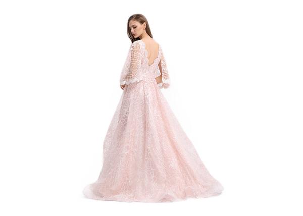 V Neck Pink Half Sleeve Prom Dress , Organza Evening Dresses With Sleeves