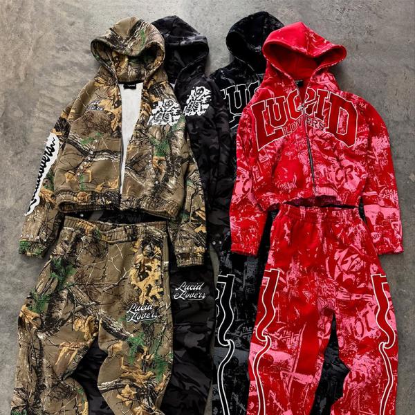 Custom Tracksuits Men Full All Over Dtg Print Zip up Hoodie Streetwear Baggy Stacked Vintage Flared Sweatpants and Hoodies Set
