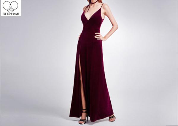 Maroon Velvet A Line Dress Sling V Neck High Slit Back Invisible Zipper