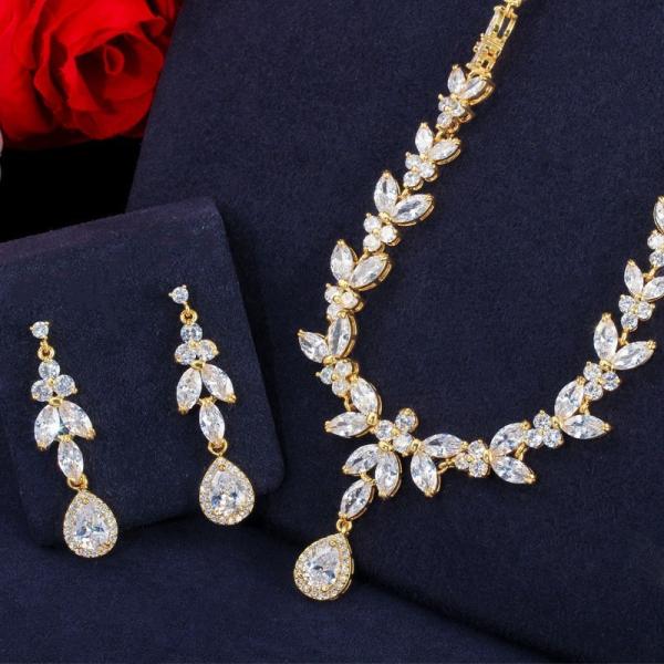 Silver Necklace Jewelry Set Necklace Earrings Jewelry Dainty Bridal Cz Waterdrop Wedding Ring Jewelry Set
