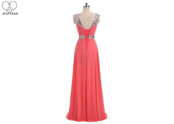 Silver Sequin A Line Ball Gown , Coral Red Chiffon Sweetheart Backless Prom Dress