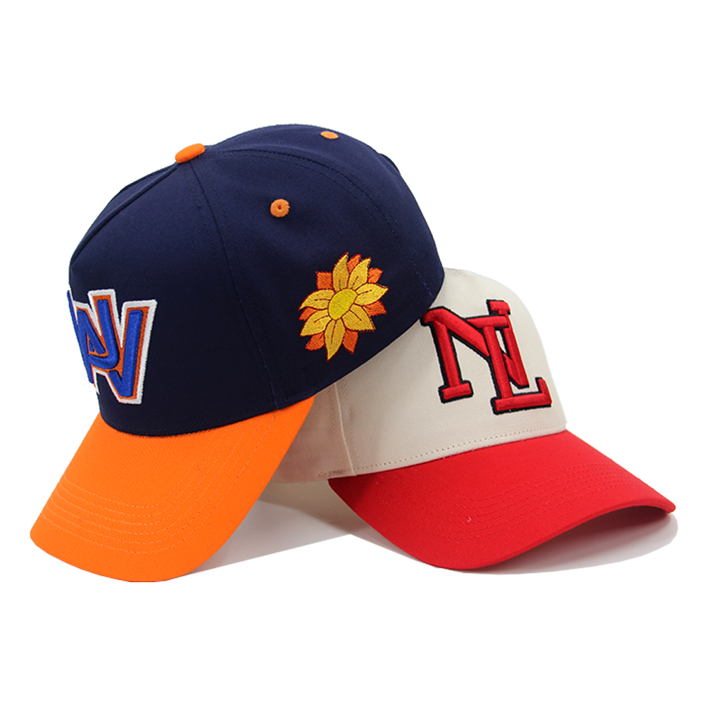 Custom Curved Brim Cotton Baseball Caps 5 Panel Adjustable Colorblock With 3D Embroidery Logo
