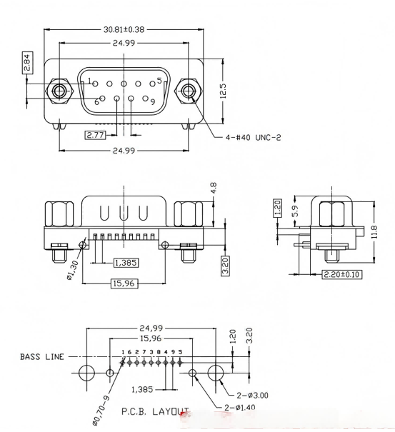 DB9 Male 9 Pins D-Sub Connector Right Angle PCB Mount with Screw Locking for RS232/RS485