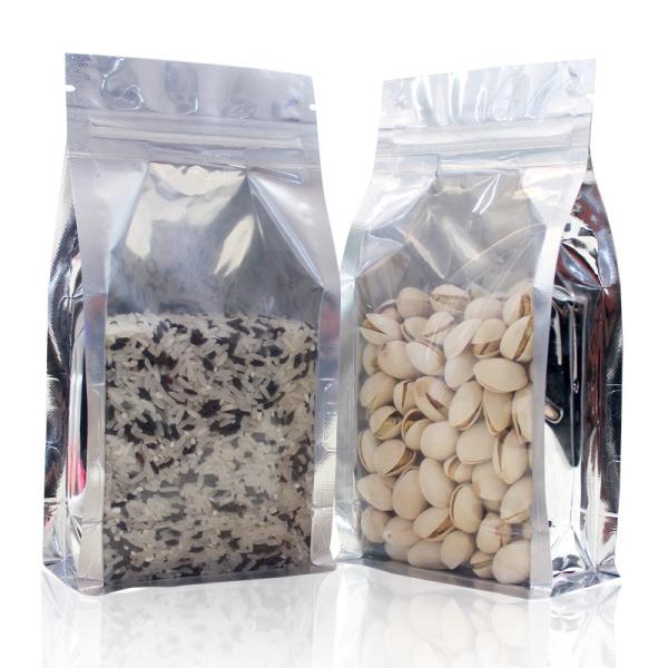 Clear front-Silver back one side clear aluminum foil side gusset Silver Metalized with k Quad flat bottom bag