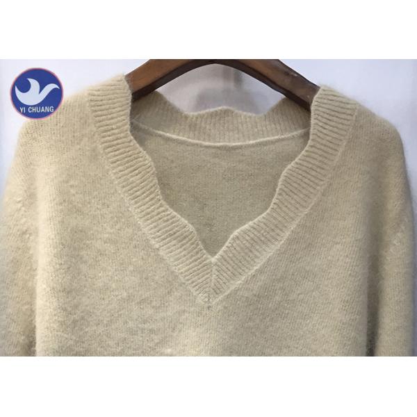 Mohair Trumpet Sleeve Cuff Womens Knit Pullover Sweater Wave V Neck Anti - Shrink