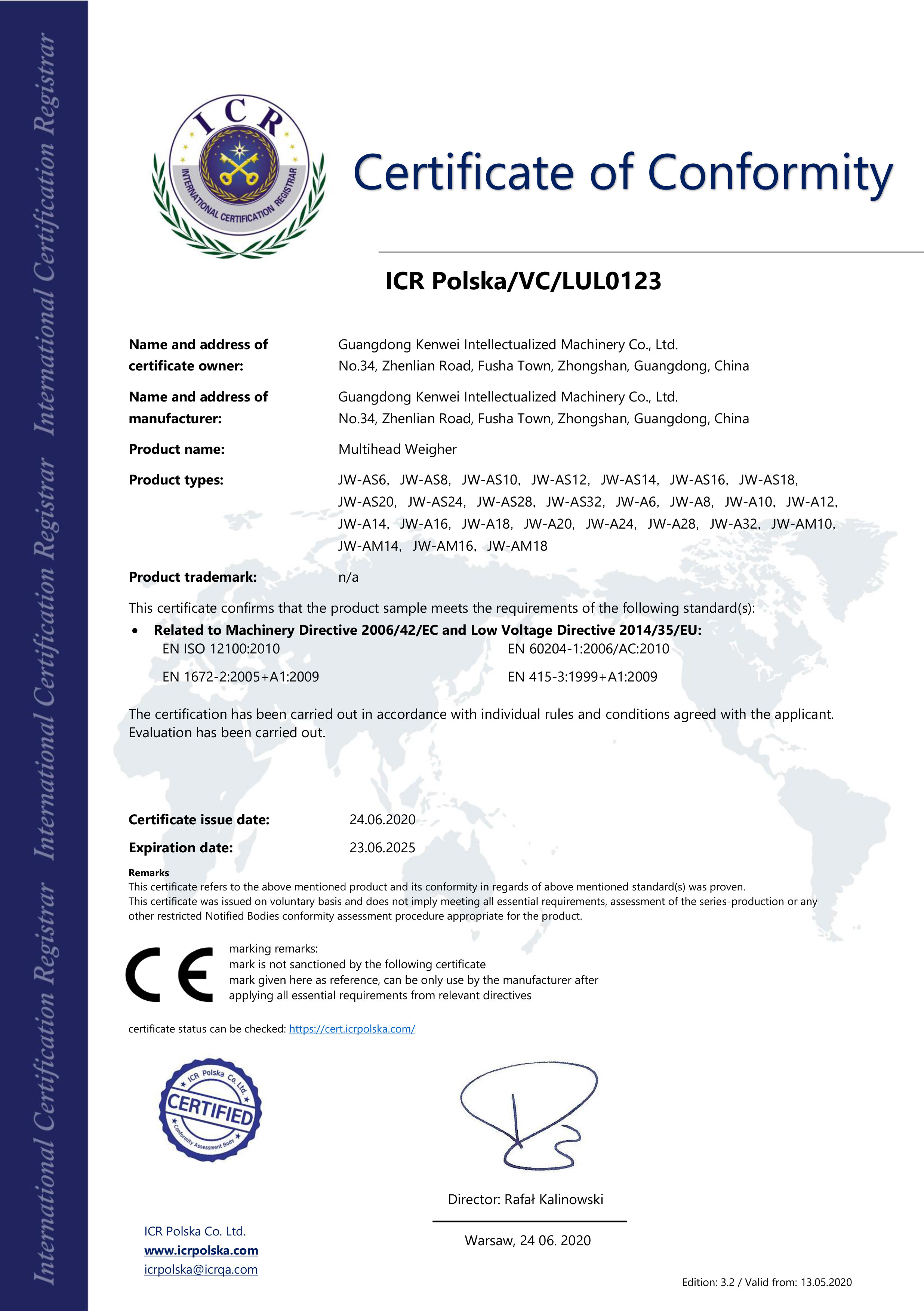 Guangdong Kenwei Intellectualized Machinery Co., Ltd. Сертификации
