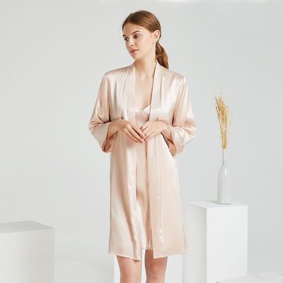 Women'S Nightwear Knitted Silk Pajamas Long Sleeve Lightweight Silk Fabric Two Pieces