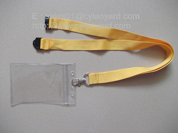 Discount plastic badge holder lanyard with plastic breakaway, polyester ribbon,