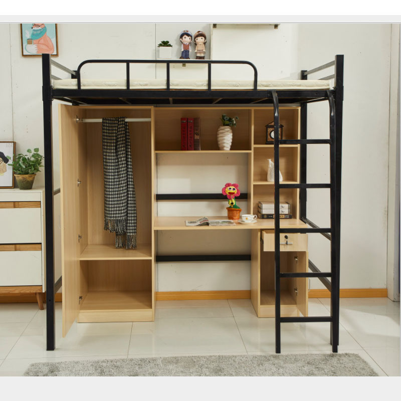 Queen Size Metal Loft Bunk Bed with Wooden Cabinet Modern Design and Hotel Style
