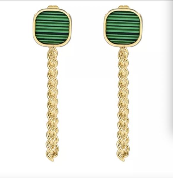 45cm Long Green Gem Pendant Earrings Studs 18K Gold Stainless Steel