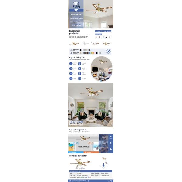 Ventiladores de techo clásicos tradicionales Lustrero de 52 pulgadas para restaurante