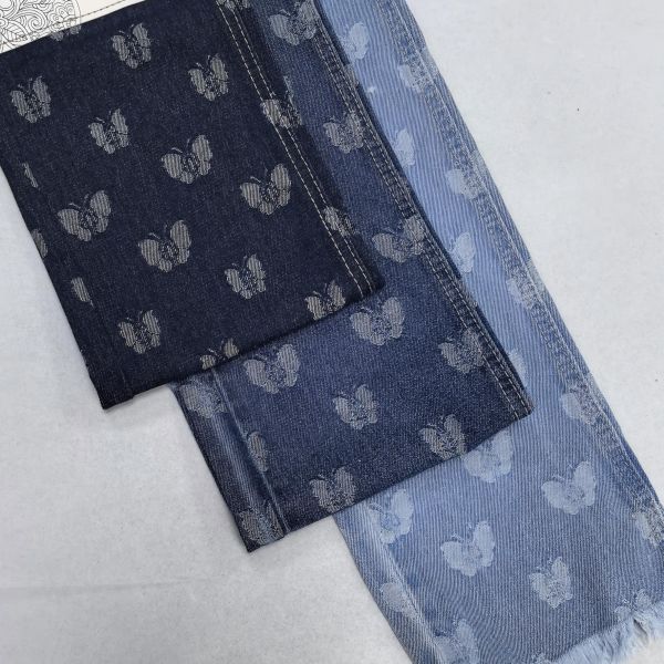 Butterflies Pattern Jacquard Dark Blue Denim Fabric Cotton Polyester 10oz for Special Design Jeans
