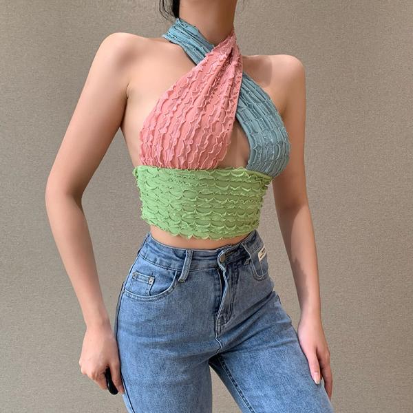 High Stretchy Waistless V Neck Halter Vest Crop Top