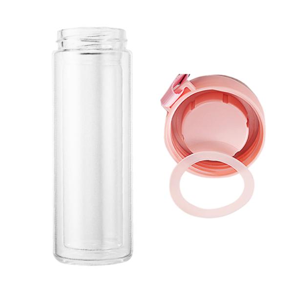 320ML Double Walled Glass Water Bottle with Infuser in Pink Customized Logo Acceptable