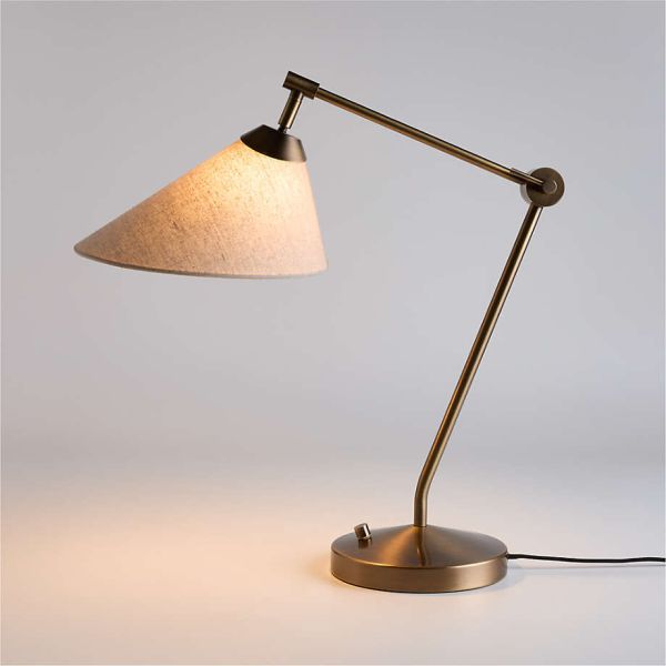 Antique Burnished Brass Table Lamp with Natural Linen Shade and Drum Shaped Design for Indoor Living Room