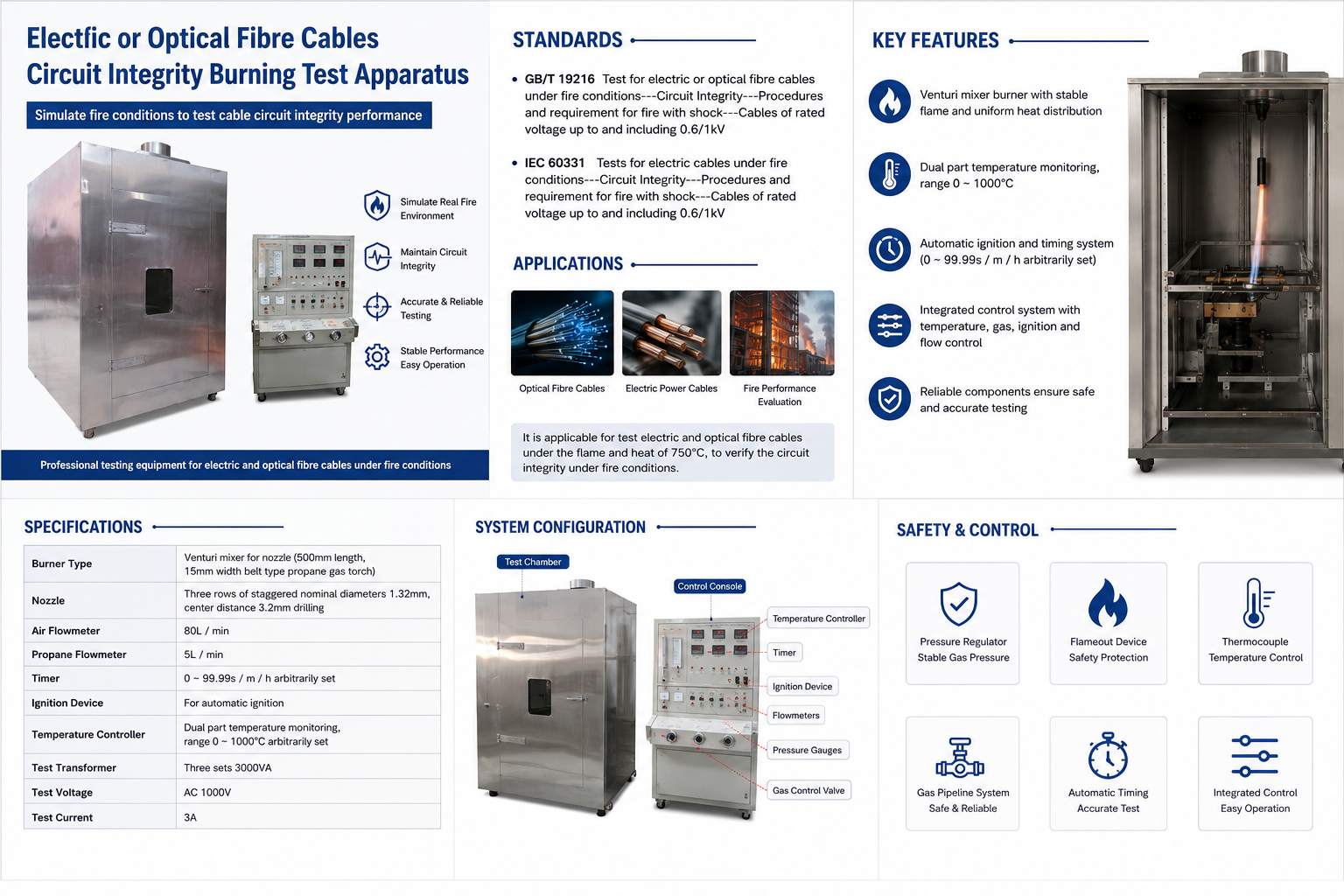 Electric or Optical Fibre Cables Circuit Integrity Burning Test Apparatus IEC 60331 GB/T 19216 Fire Resistance Testing Equipment