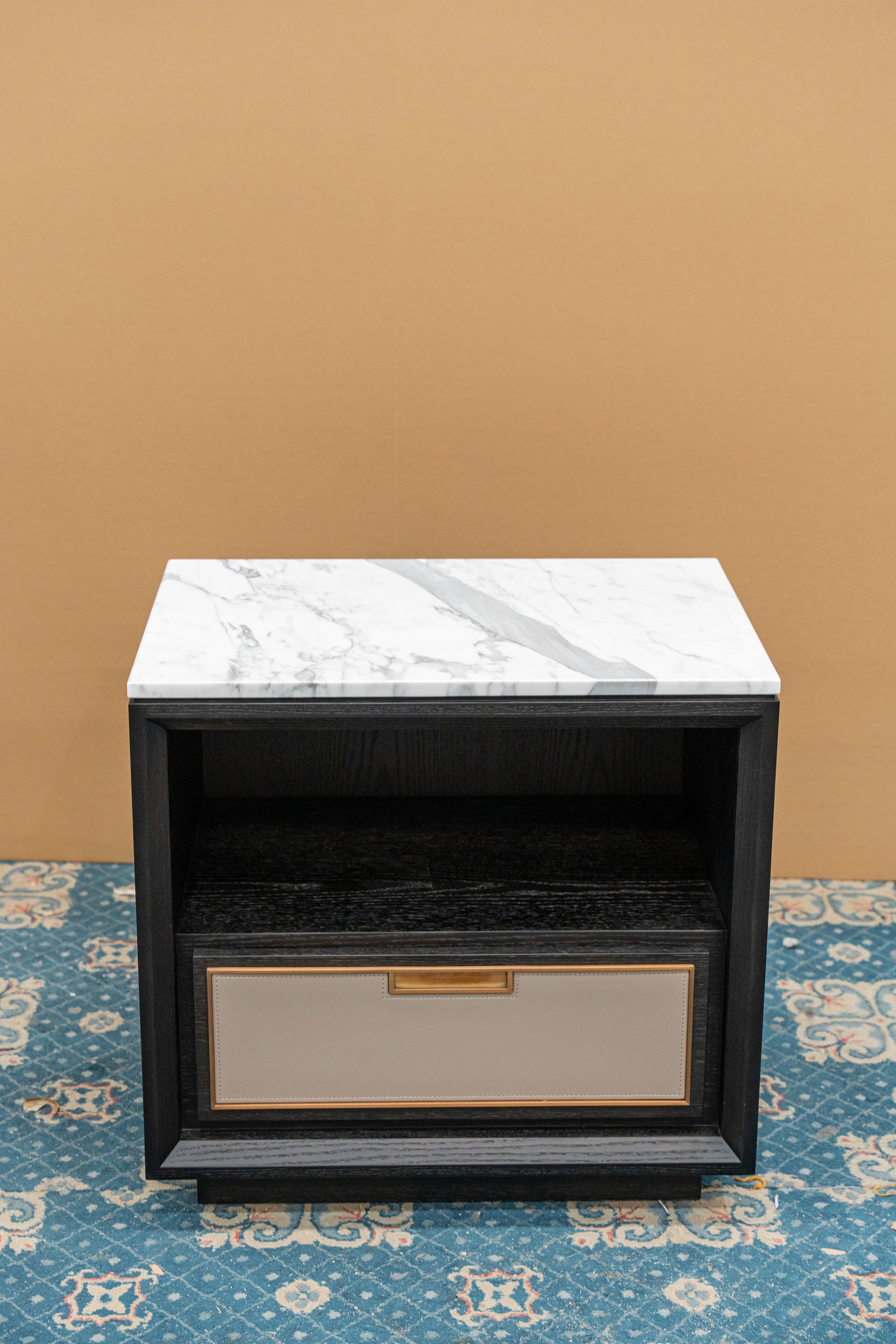 Modern Luxury Vanity Table, Black Wooden Dressing Table with Marble Top & Metal Trim for Bedroom & Villa