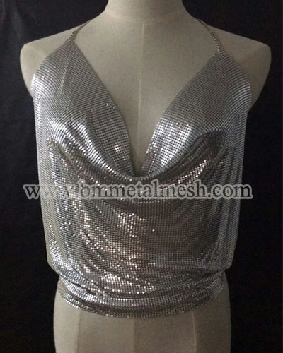Sequin Fabric Aluminum Chain Fly Screen Silver Metal Mesh Dress