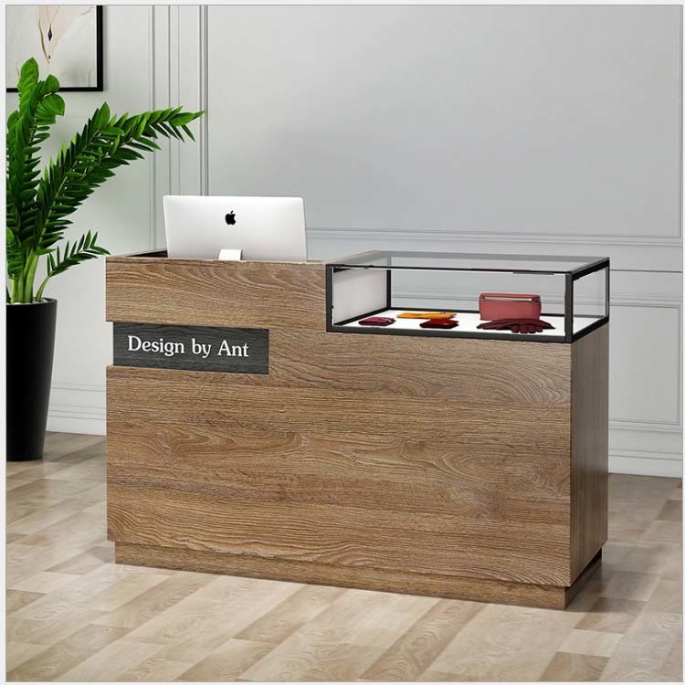Retailer Shops Modern Wood MDF Checkout Reception Desk with Glass Box Checkout Counter