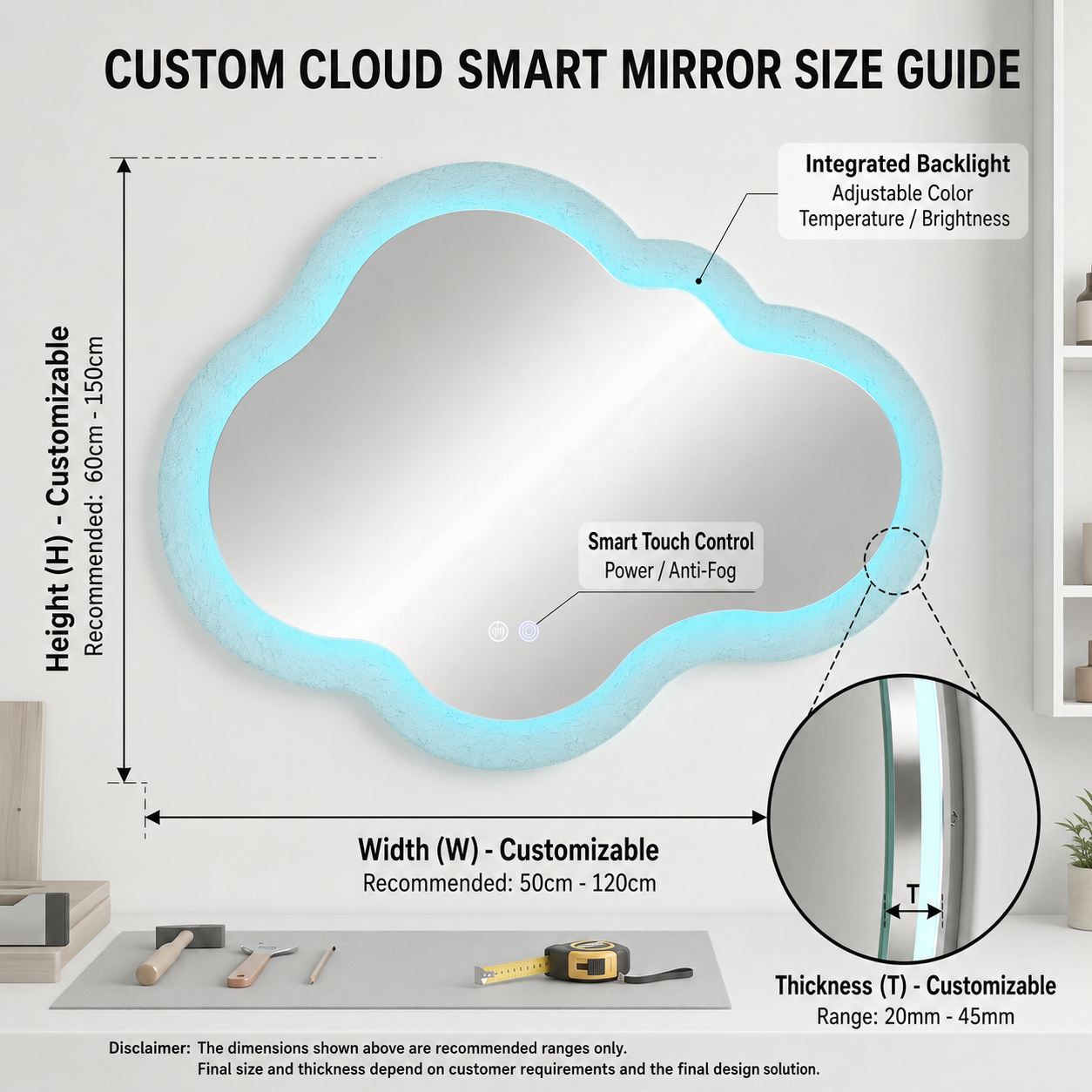 Kingstin Cloud Smart LED Bathroom Mirror, Dimmable 3-Color Light, Anti-Fog Touch Control, Acrylic Frame Aesthetic Vanity Mirror
