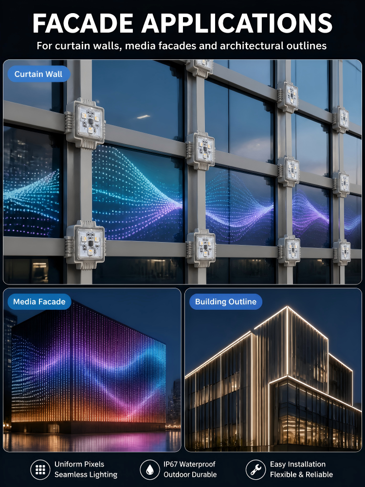 Square Flat LED Pixel Lights 0.75W DC12V DMX512 RGB RGBW For Architectural Facade Lighting