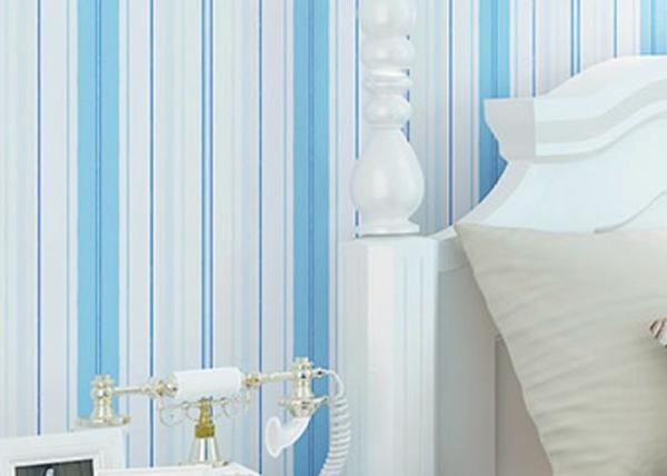 Embossed Kids Bedroom Wallpaper , Vinyl Blue and White Striped Wallpaper