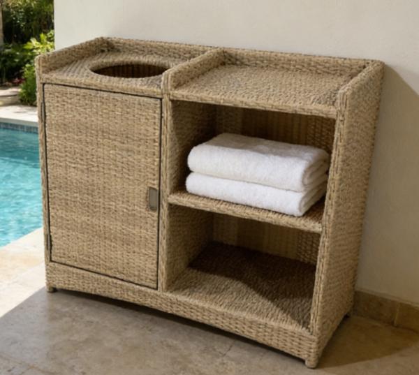 All in One Handwoven Rattan Towel Storage Solution with Towel Bin for Hotel Pool Resort