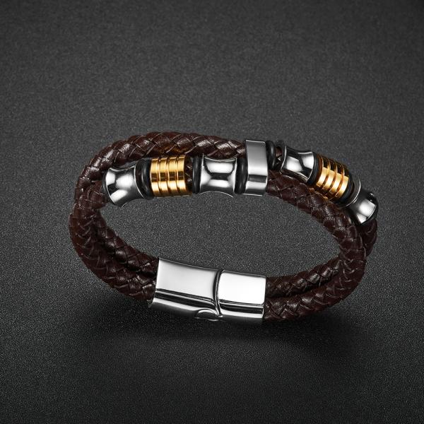 High quality body jewelry double stainless steel woven leather bracelet with magnetic clasp