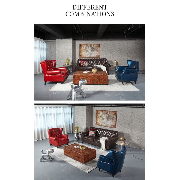 Nidea #8899 High Quality Traditional Retro European Chesterfield Genuine Leather Square Living Room Sofa Set with Sponge Filling