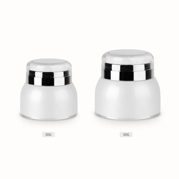 Elegant White Round Empty Cosmetic Jars Sanitary Dispenser Cap Metaillic Silver Shoulder