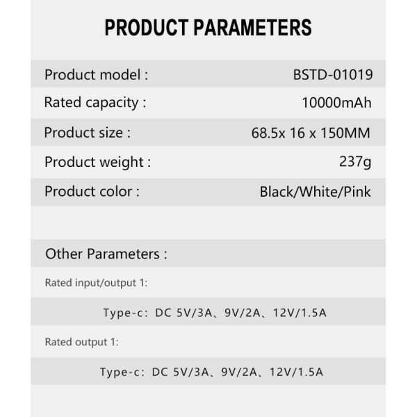 Lithium Polymer Battery LED USB Mobile Charger 10000Mah With Build in Type C Cable