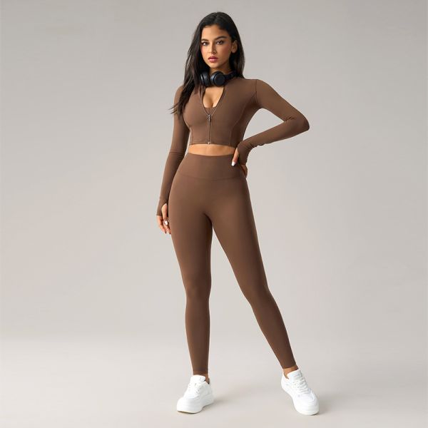 Cropped Long Sleeve Zip Up Yoga Jacket High Waisted Leggings Set Full Coverage Navy Blue