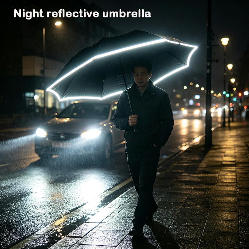 Automatic Folding Umbrella with Built-in LED Flashlight Night Reflective Strips and Aluminum Fiberglass Frame