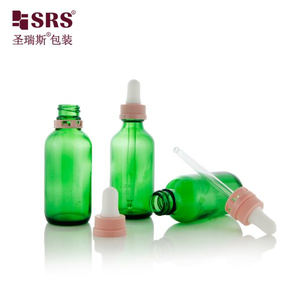BOS004-60ml 20/400 Neck Refillable Green Glass Dropper Bottles With Child-Resistant Tamper Cap For DIY Aromatherapy Blends & Cosmetics
