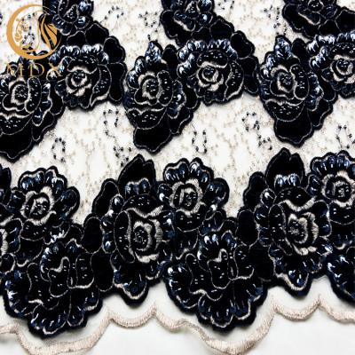 O francês preto bordado da tela do laço do brilho perlou para o vestido nupcial