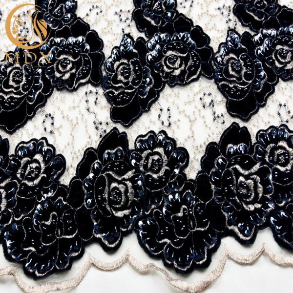 Embroidered Black Glitter Lace Fabric French Beaded For Bridal Dress