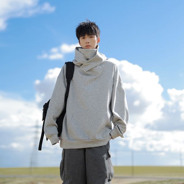 Vintage Turtleneck Windproof Face Cover Hoodie, Unique Introvert Street Casual Sweatshirt