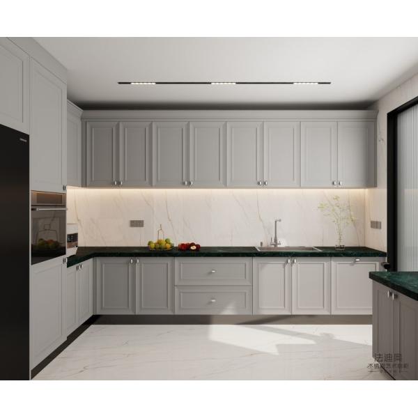 Timeless Stainless Steel Kitchen Cabinet With Dark Green Quartz Countertop And Raised Panel Doors