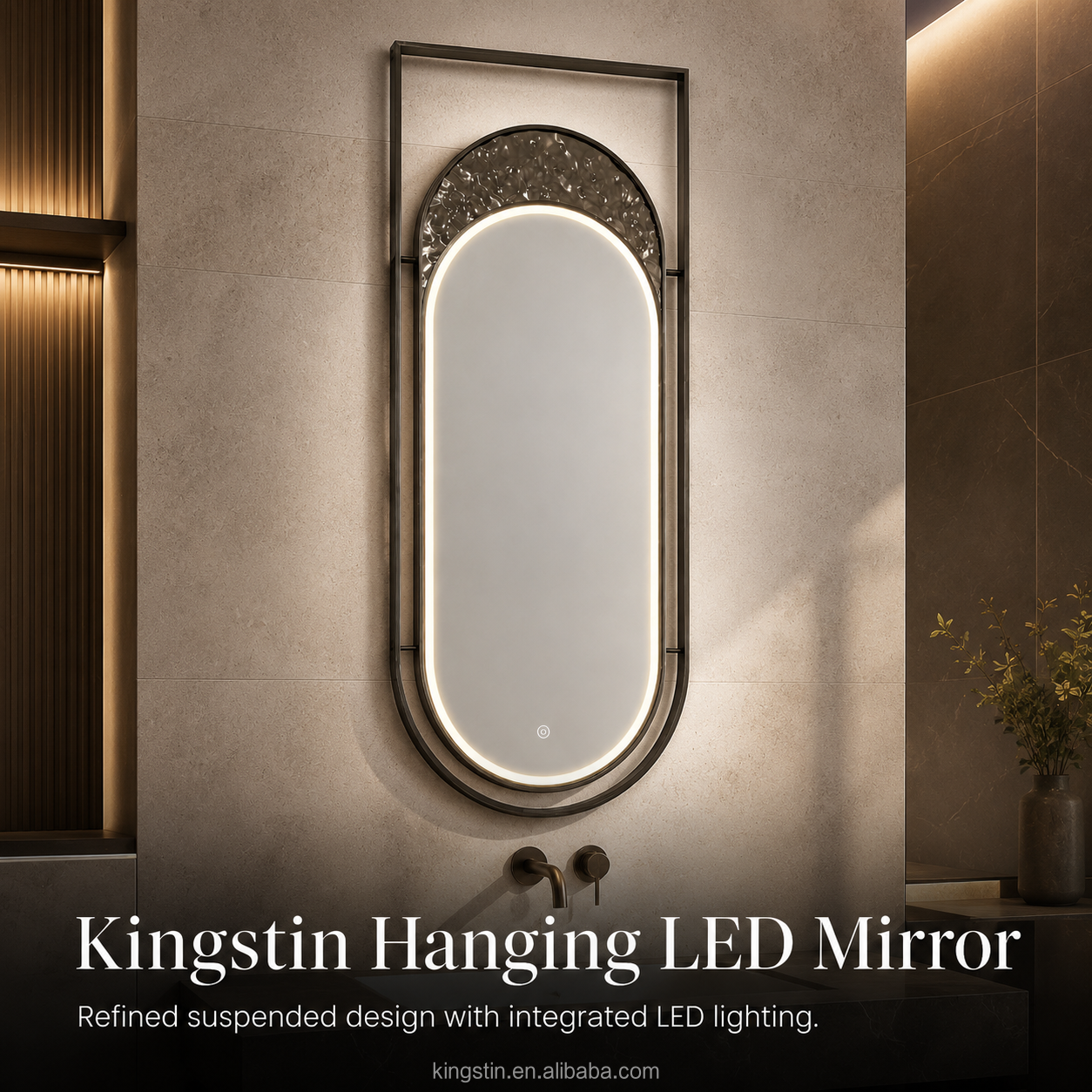 Kingstin Hanging LED Bathroom Mirror, Oval Backlit Vanity Mirror with Water Ripple Design, Customizable Size, Defogger