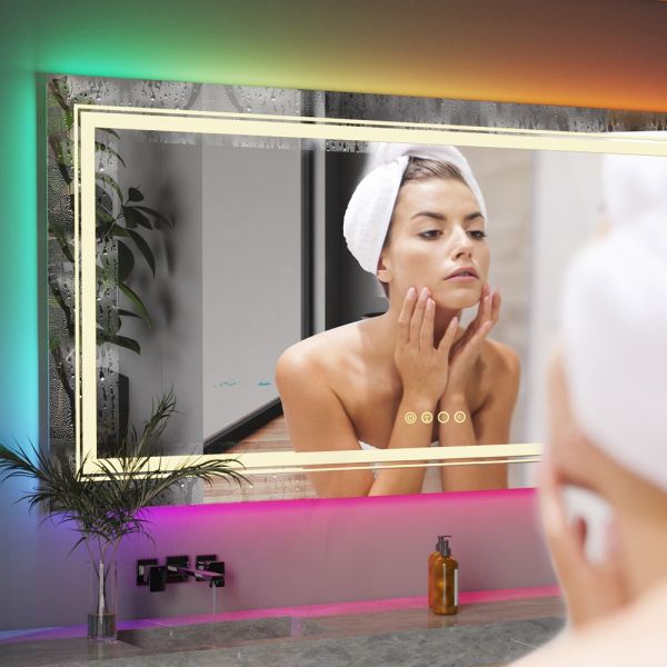 Modern Luxury Frameless LED Backlit Bathroom Anti-Fog Rectangular Touch Screen RGB Color Changing Feature IP44 Rated for Hotels